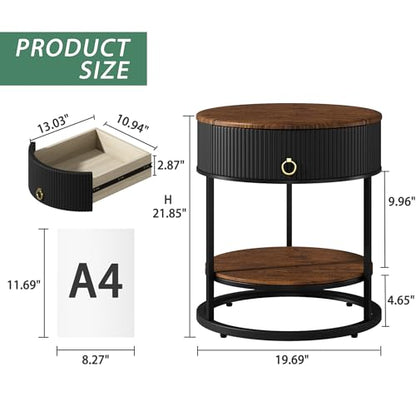 Round End Table with Drawer, Wood Grain Bedside Table, Brown and Black | 2-Tier Nightstand with Drawer, Side Table, Shelf, MDF Board, PVC, Metal Frame, Living Room, Bedroom, office