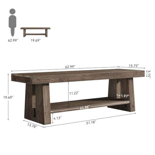 63'' Solid Wood Entryway Bench with Open Shelves, view 3