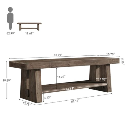 63'' Solid Wood Entryway Bench with Open Shelves, view 3