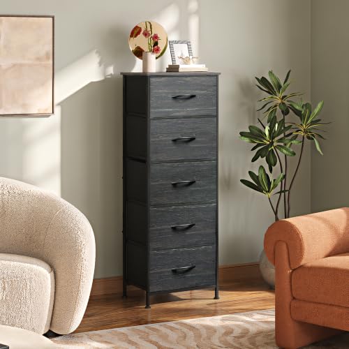 5 Drawer Dresser for Bedroom, Tall Chest of Drawers, Black Wood Grain, view 5
