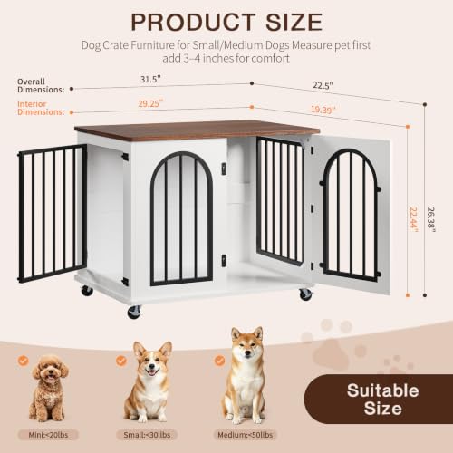 Dog Crate Furniture with Wheels - 31.5” Wooden Indoor Dog Kennel, view 3