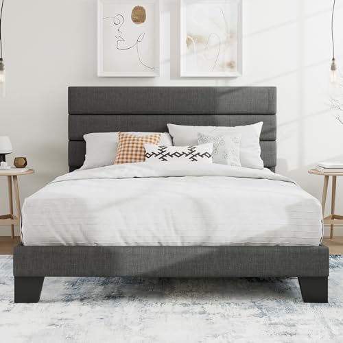 Grey upholstered platform bed frame, view 2