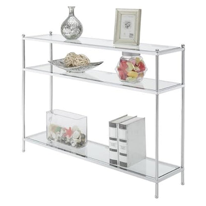 Royal Crest Glass Console Hall Table 42" - 3 Tier Modern, Contemporary Narrow Display Accent with Storage Shelves for Living Room, Entryway, Hallway, & Bedroom, Chrome