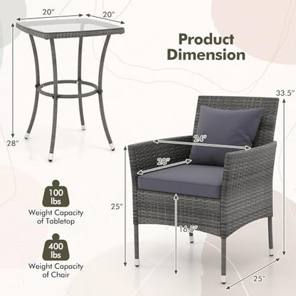 3-Piece Patio Furniture Set, PE Wicker Conversation Bistro Set w/A Tempered Glass Table & 2 Cushioned Chairs, Outdoor Table & Chairs Set for Patio Porch Yard Garden (Mix Gray+Grey)