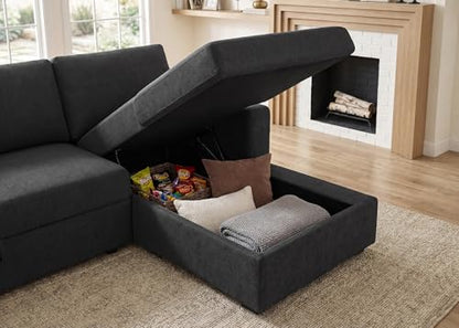 Sectional Sleeper Sofa with Pull-Out Bed Storage Chaise, 6 Seater Couch for Living Room, Dark Grey