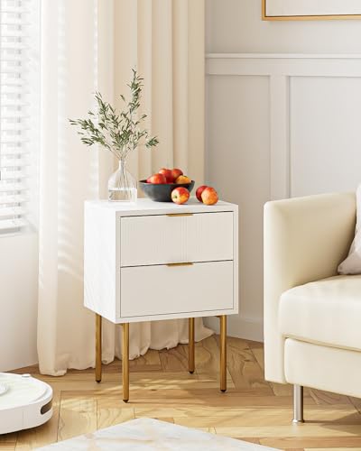 Nightstand,Small Bedside Table with Gold Frame,White Night Stand,Bedside Furniture,Side Table with 2Drawers for Bedroom,Living Room (2Drawers, White)