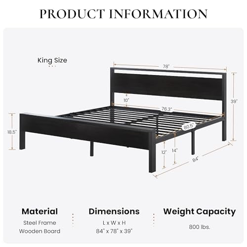 14 Inch King Size Metal Platform Bed Frame with Wooden Headboard and Footboard, view 3