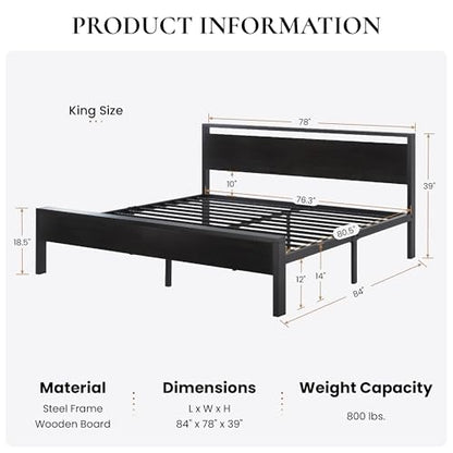 14 Inch King Size Metal Platform Bed Frame with Wooden Headboard and Footboard, view 3