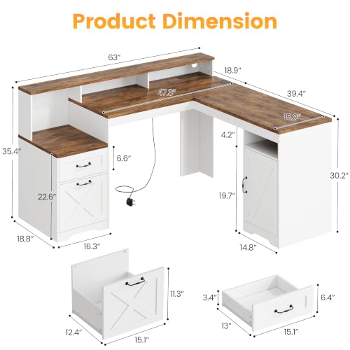 63 Inch Farmhouse L Shaped Computer Desk with Drawers & Power Outlets, view 3