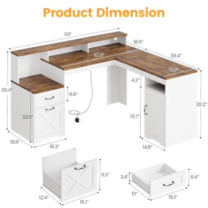 63 Inch Farmhouse L Shaped Computer Desk with Drawers & Power Outlets, view 3