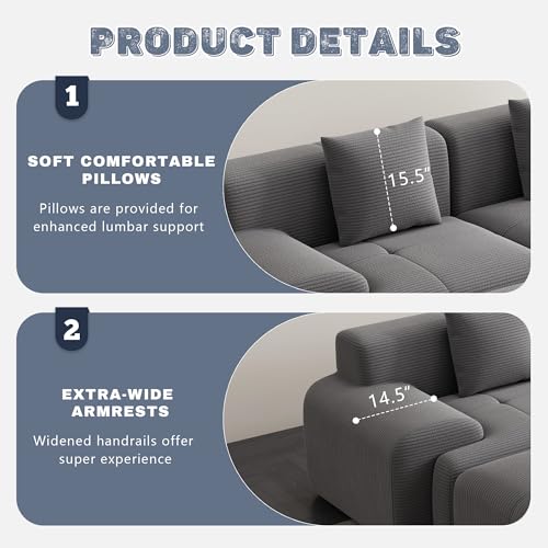 120" Cloud Modular Sectional Couch,Boneless Sofa,L-Shape Upholstered Sofas with Deep Seat,Modern Cozy Corduroy Couches with Memory Foam,No Assembly Required for Living Room(Dark Grey)