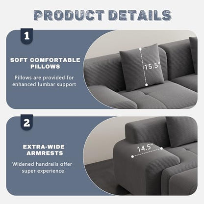 120" Cloud Modular Sectional Couch,Boneless Sofa,L-Shape Upholstered Sofas with Deep Seat,Modern Cozy Corduroy Couches with Memory Foam,No Assembly Required for Living Room(Dark Grey)