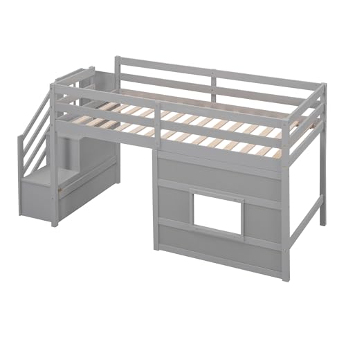 Twin Kids Low Loft Bed with Staircase and Safety Guardrails,Wood Loft Bed Frame with Under Bed Space,Easy Assembly,Gray