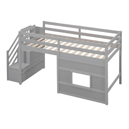Twin Kids Low Loft Bed with Staircase and Safety Guardrails,Wood Loft Bed Frame with Under Bed Space,Easy Assembly,Gray