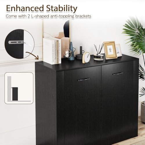 38-Inches Storage Cabinet, Sideboard with 2 Doors and 4 Cubic Shelves, Anti-Tipping Device, Sturdy Metal Hings, Credenza, Bathroom Cabinet for Living Room, Kitchen, Entryway, Black