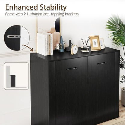 38-Inches Storage Cabinet, Sideboard with 2 Doors and 4 Cubic Shelves, Anti-Tipping Device, Sturdy Metal Hings, Credenza, Bathroom Cabinet for Living Room, Kitchen, Entryway, Black