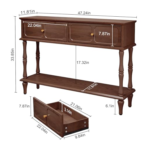 Console Table with Drawers for Entryway, Mid-Century Entryway Table with Storage, Brown Narrow Entryway Table with Open Shelf Behind Sofa for Living Room, Foyer, Hallway