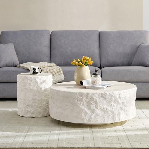 Fiberglass Round Coffee Table Set of Two, Living Room Vintage Design Faux Stone Coffee Table, Side Table Coffee Table Set for Office, Apartment, Living Room (15.75'‘+35.43’')