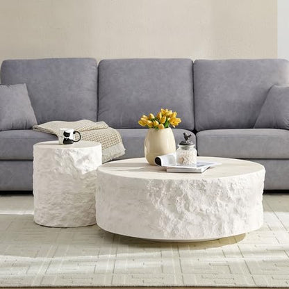 Fiberglass Round Coffee Table Set of Two, Living Room Vintage Design Faux Stone Coffee Table, Side Table Coffee Table Set for Office, Apartment, Living Room (15.75'‘+35.43’')