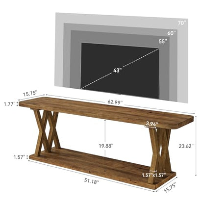 63-Inch Solid Wood TV Stand for 50/55/60/65/70/75-Inch TVs, Farmhouse Entertainment Center with Storage Shelf, Low Media Console Television Stands for Living Room, Bedroom