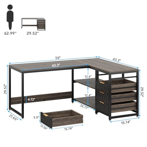 Tribesigns L Shaped Computer Desk with Storage Drawers, view 3