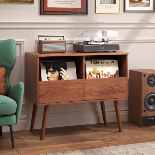 Mid Century Modern Record Player Stand with Vinyl Storage, Brown, view 5