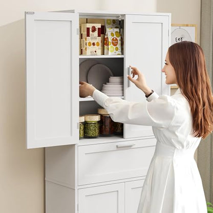 67" Tall Storage Cabinet, Rattan Cabinet with 2 Adjustable Shelves & Large Drawer, Pantry Cabinets for Kitchen, Living Room, Home Office, Natural | Adjustable Shelf