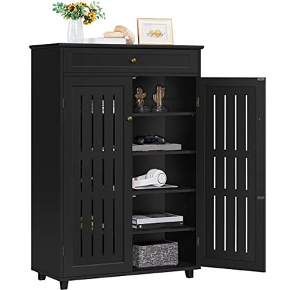 Yaheetech Storage Cabinet Floor Storage Organizer Wooden Cabinet with Drawer 2 Doors for Entryway Living Room Furniture Black