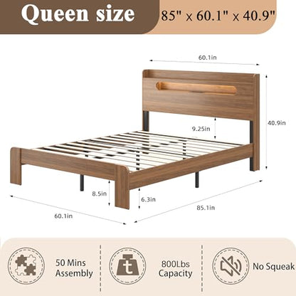 Wooden Queen Bed Frame with Storage Headboard, Farmhouse Platform, view 3