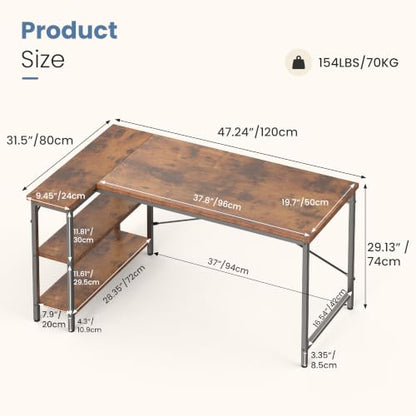 47" L Shaped Computer Desk, Corner Desks with Storage Shelves, Brown, view 4