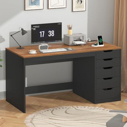 47 Inch Computer Desk with 5 Drawers and Power Outlets, Home Office Desks with Storage File Cabinet, Modern Simple Laptop Desk Writing Table for Small Spaces, Brown and Black