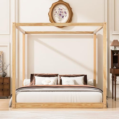 Modern King Size Wood Canopy Bed Floor Platform Bed Frame/No Box Spring, view 6