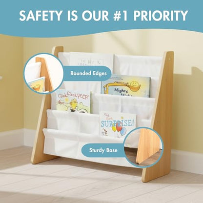 Kids Bookshelf, 4-Tier Front-Facing Book Display Organizer, Montessori Toddler Bookcase for Playroom, Bedroom & Reading Corner, Natural Wood/White