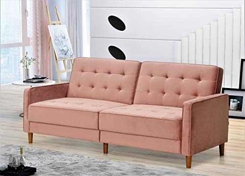 Nia Modern Velvet Upholstered Tufted Sleeper Sofa Bed, Natural Pink