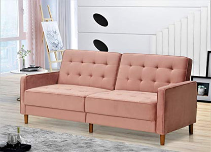 Nia Modern Velvet Upholstered Tufted Sleeper Sofa Bed, Natural Pink