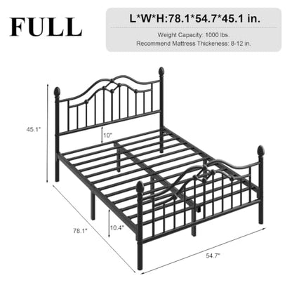Full Size Metal Bed Frame with Victorian Headboard & Footboard, Black, view 3