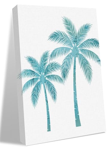 NuYeBiofx Summer Tropical Beach Coastal Tree Canvas Wall Art Prints,48"x32" Framed Picture Artwork Teal Palm Trees Plant Printed Canvas Oil Painting for Living Room Bedroom Office,Ready to Hang
