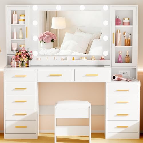 53.15" Large Glass Top Vanity Desk with Mirror and Lights, White, view 2