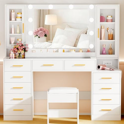 53.15" Large Glass Top Vanity Desk with Mirror and Lights, White, view 2