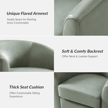 Genuine Leather Swivel Barrel Chair, Round Swivel Accent Chair with Solid Wood Base, No Assembly Required, Sage