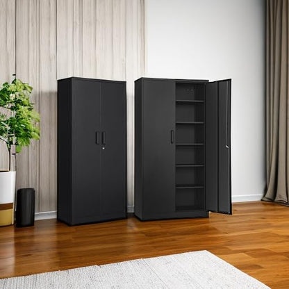 Metal Storage Cabinet with 2 Doors and 6 Shelves, Black Metal Cabinet with Lock, view 3