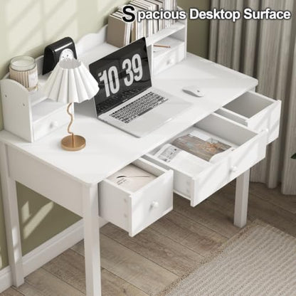 Writing Desk with Hutch, 40" Small White Desk for Girls, 5 Drawers, view 7