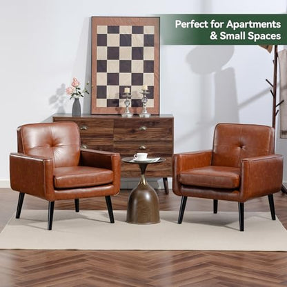 Mid Century Accent Chair, PU Leather Modern Chair with Wooden Frame, Cozy Armchair Reading Chair with Comfy Back for Apartment, Living Room, Bedroom, Small Space, Corner, Brown