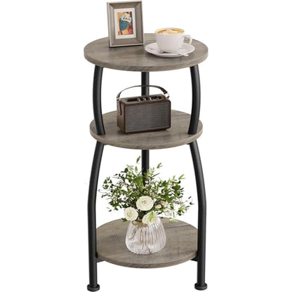 Small Round Side Table, 3-Tier End Table with Storage Shelf, Slim Sofa Table Coffee Table, Sturdy & Easy Assemble Nightstand for Small Spaces, Living Room Bedroom Corner, Grey