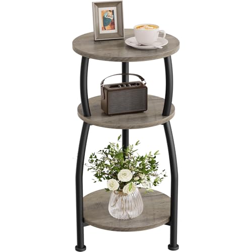 Small Round Side Table, 3-Tier End Table with Storage Shelf, Slim Sofa Table Coffee Table, Sturdy & Easy Assemble Nightstand for Small Spaces, Living Room Bedroom Corner, Grey
