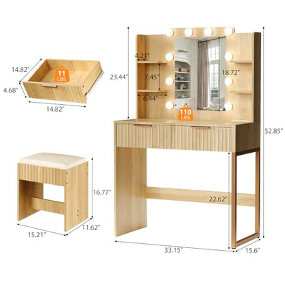 Fluted Makeup Vanity Desk with Mirror & Lights & Power Outlet, view 3