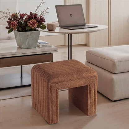 Vanity Stool Chair,Modern Boucle Ottoman Foot Stool with Wooden Legs Sofa Bench Footstool Extra Seat for Vanity,Makeup Room,Living Room,Entryway,Office (Fully Assembled) (Brown)