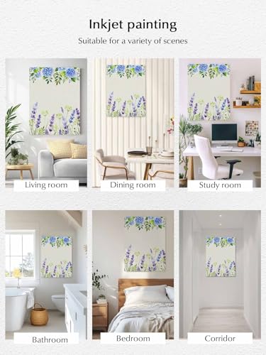 Blue Hydrangea Purple Lavender Canvas Wall Art Prints,48"x32" Framed Picture Artwork Pastoral Flower Leaf Retro Linen Printed Canvas Oil Painting for Living Room Bedroom Office,Ready to Hang