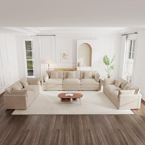 Luxury Oversized 3 Piece Sofa Set, 2 Pieces of 2 Seater and 1 Piece of 3 Seater Sofa, Modern Chenille Comfy Cloud Couches Set with 13 Pillow for Living Room Office, Light Coffee