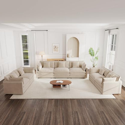 Luxury Oversized 3 Piece Sofa Set, 2 Pieces of 2 Seater and 1 Piece of 3 Seater Sofa, Modern Chenille Comfy Cloud Couches Set with 13 Pillow for Living Room Office, Light Coffee